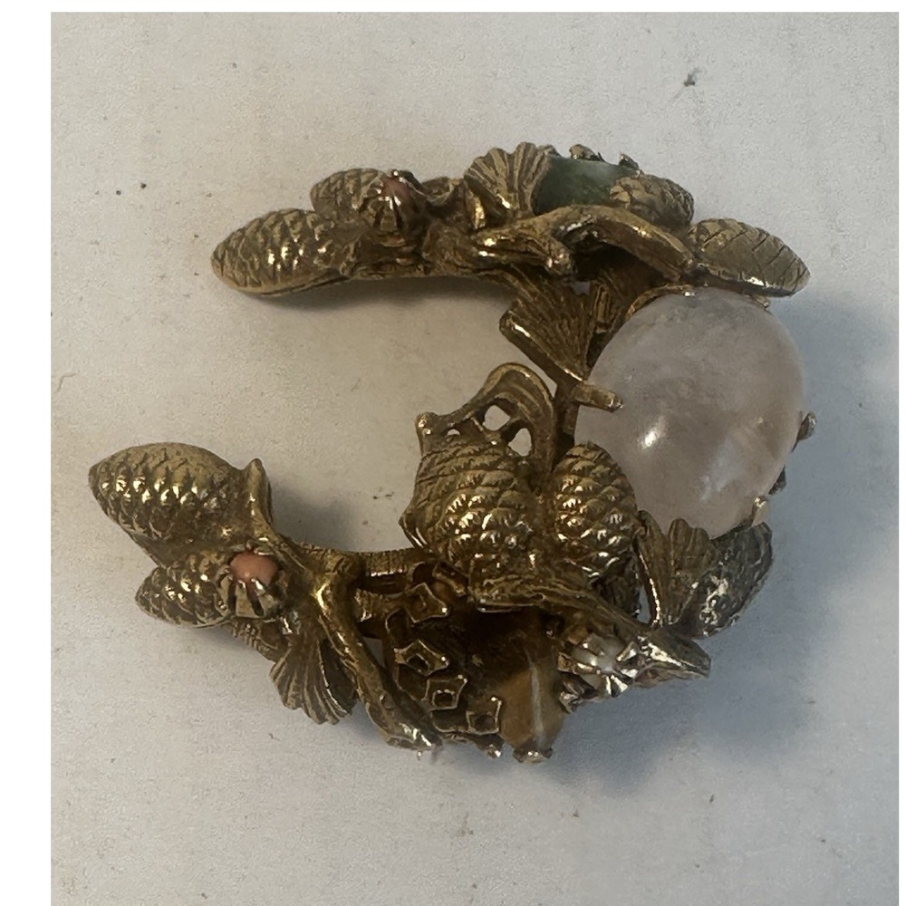 Gold Tone Crescent Brooch Pin Oval White Stone Prong Set Nature Theme